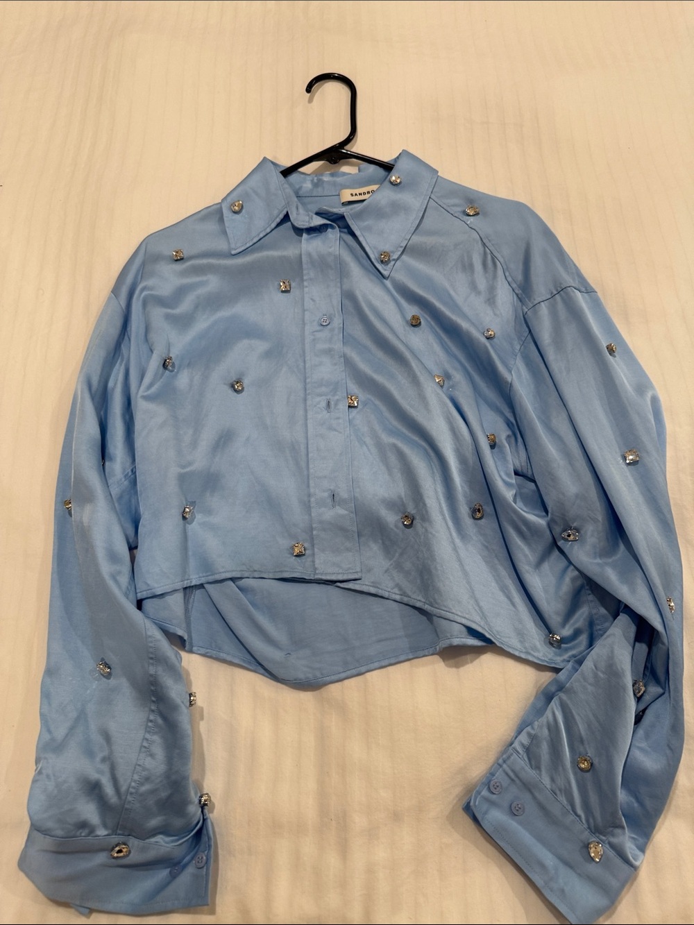Sandro Powder Blue Cropped Embellished Shirt Jacket